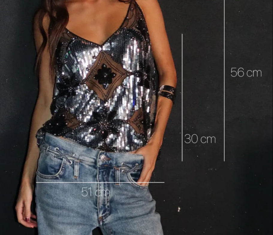Noir Flower Sequined Top
