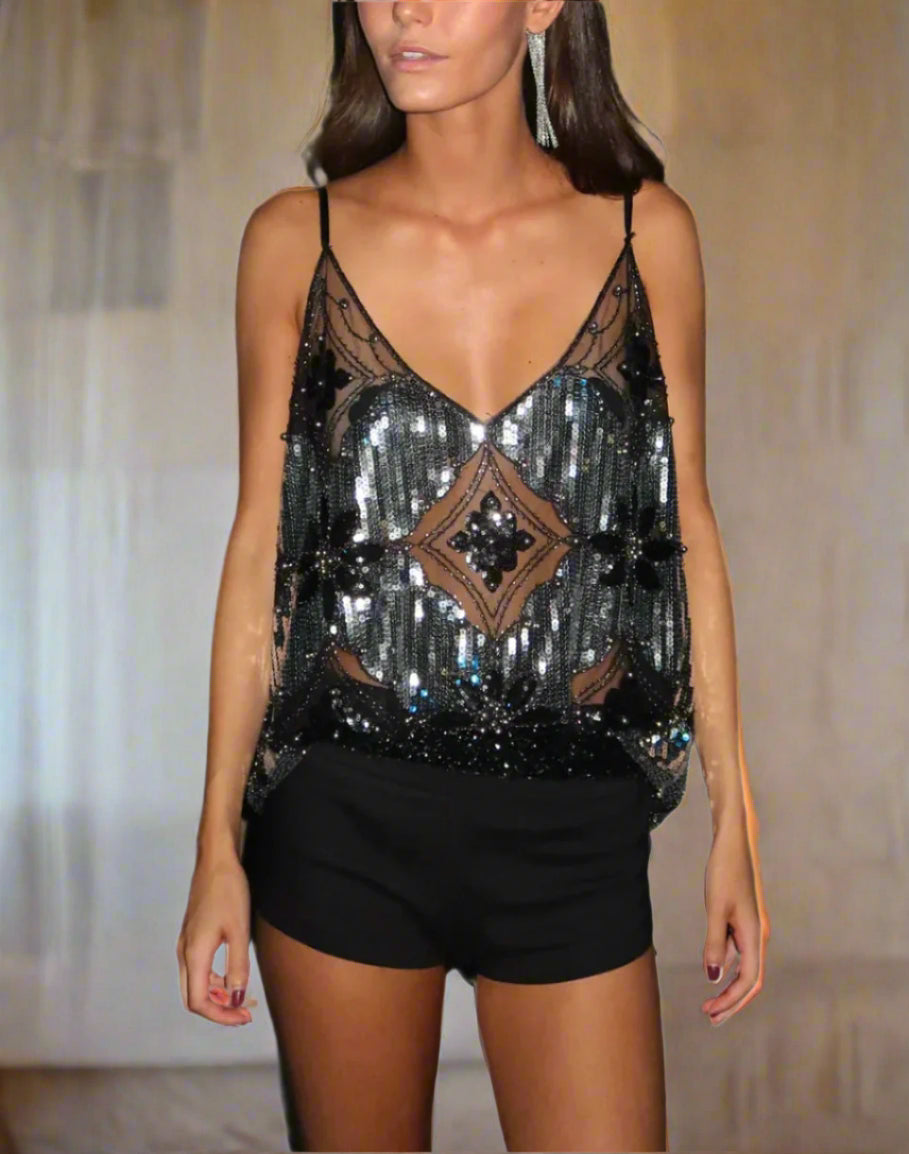 Noir Flower Sequined Top