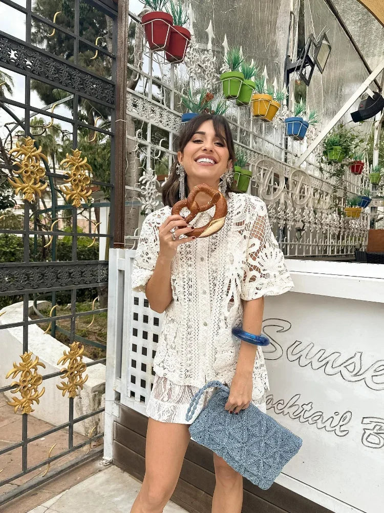 Elegant Lace Hollow Out Shorts Suit For Women Fashion Casual Lapel Short Sleeves Shirt Set 2024 Summer Lady Vacation Chic Outfit