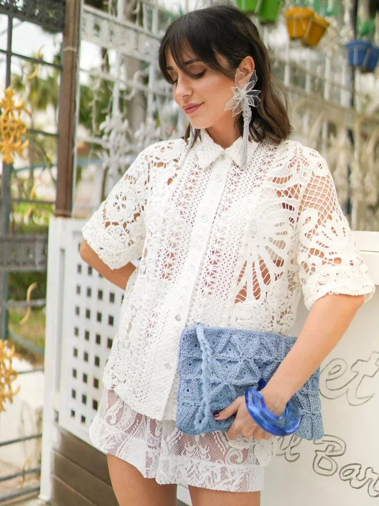 Elegant Lace Hollow Out Shorts Suit For Women Fashion Casual Lapel Short Sleeves Shirt Set 2024 Summer Lady Vacation Chic Outfit