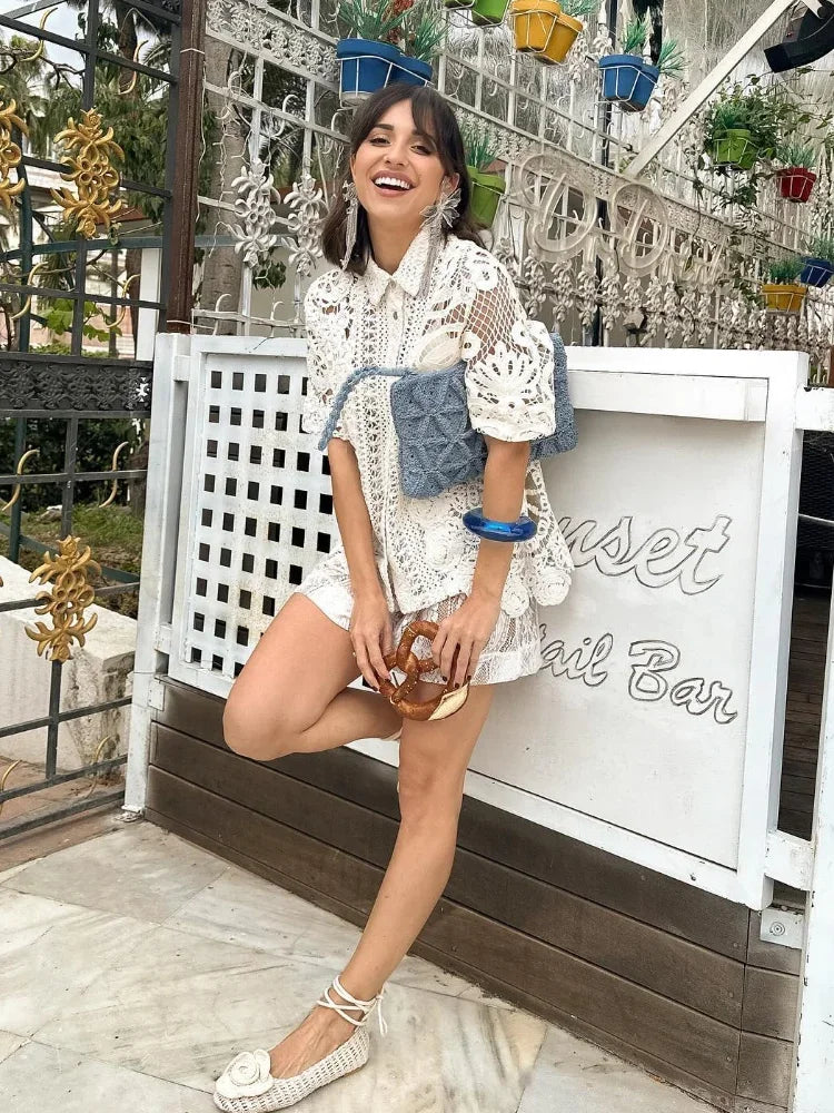 Elegant Lace Hollow Out Shorts Suit For Women Fashion Casual Lapel Short Sleeves Shirt Set 2024 Summer Lady Vacation Chic Outfit
