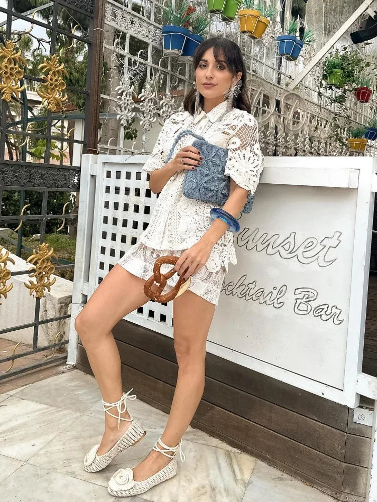 Elegant Lace Hollow Out Shorts Suit For Women Fashion Casual Lapel Short Sleeves Shirt Set 2024 Summer Lady Vacation Chic Outfit